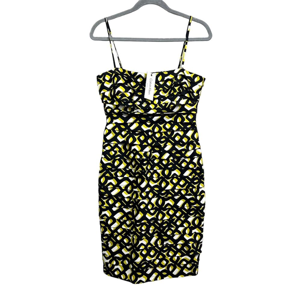 Calvin Klein Womens Sheath Dress Spaghetti Strap Tiered Zip Green Black Size 6*